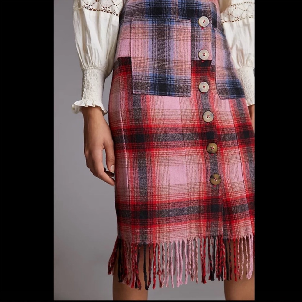 NWT Anthropologie Maeve Fringed Tartan Plaid Pink Red Gray Skirt